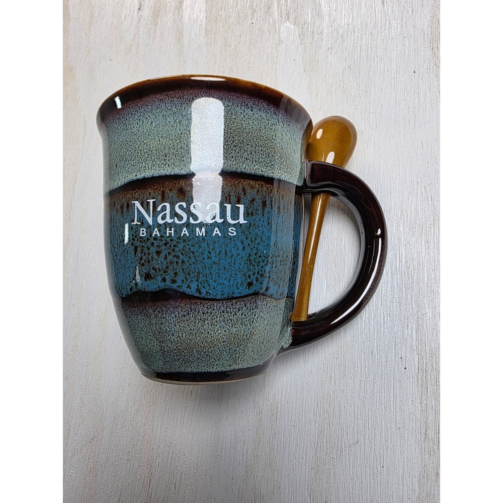 Nassau Bahamas Souvenir Coffee Mug with Spoon My Cafe Reactive Glaze Blue Brown